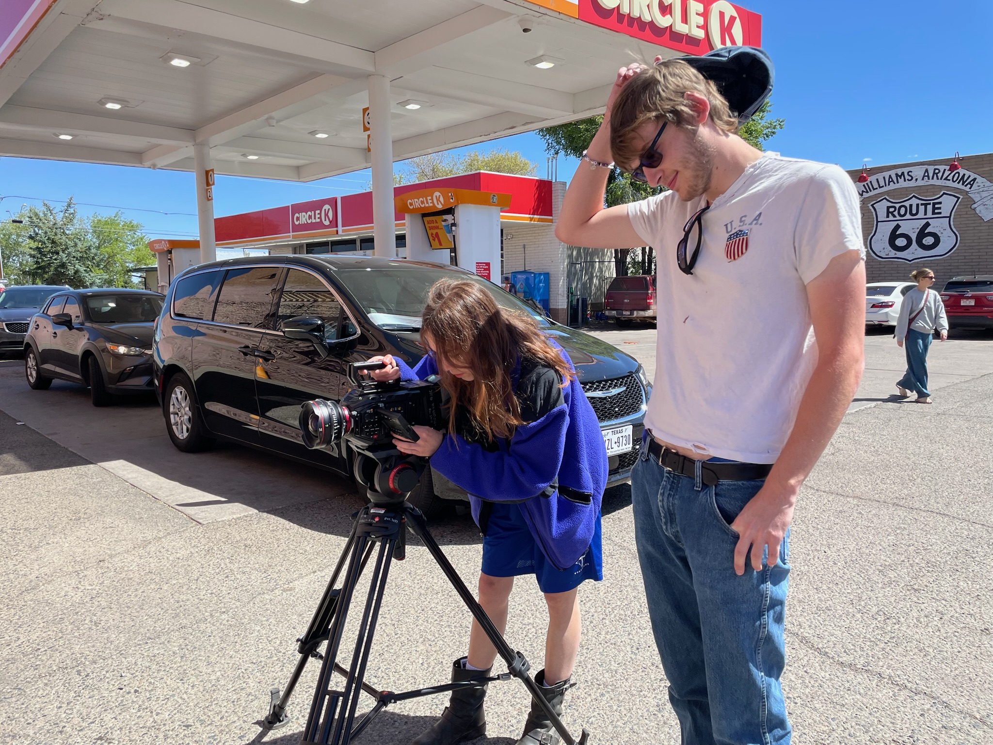 Filming at a gas station stop