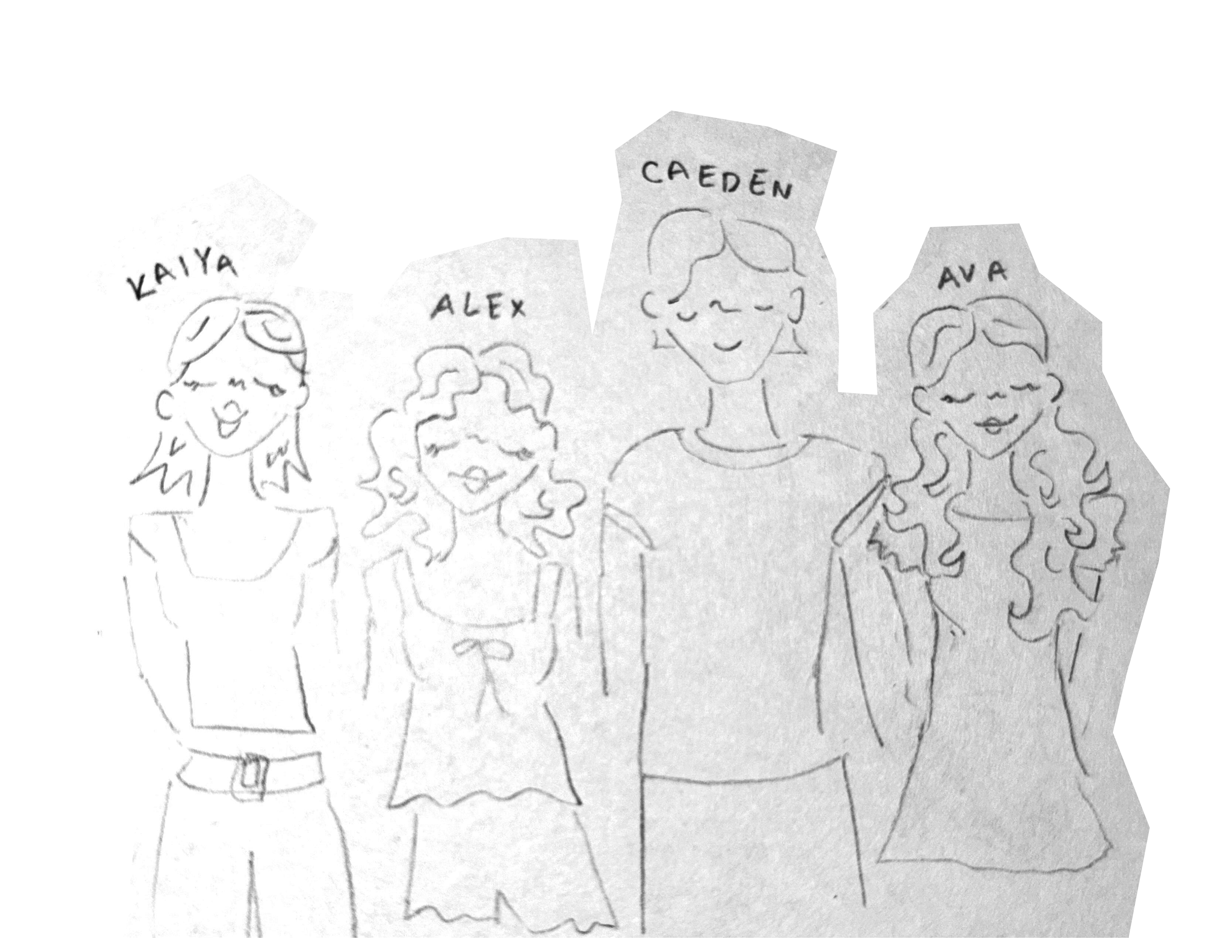 Hand-drawn illustration of the four crew members